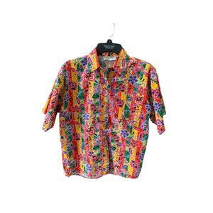Technics Womens Size XL Bright Multicolor Print Button Up Shirt Top Short Sleeve